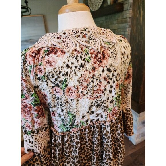NJ Couture Bohemian People Boho Lace Leopard Floral Tassel Top Size‎ S/M Baydoll - Picture 10 of 12